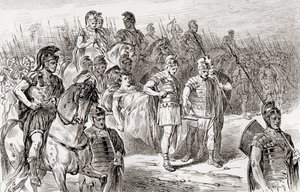 Una escena de la obra de William Shakespeare Antonio y Cleopatra, Acto III, Escena 1, Ventidio: Lleva el cuerpo del hijo del rey ante nuestro ejército, de Las obras de William Shakespeare, publicada en 1896